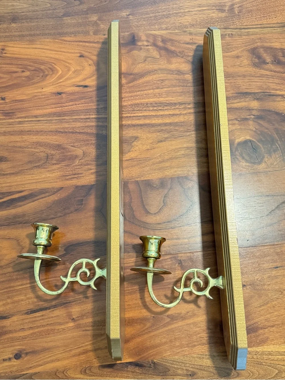 Vintage Set of 2 Home Interiors Gold Wall Scones, Wood & Brass Candle Holders